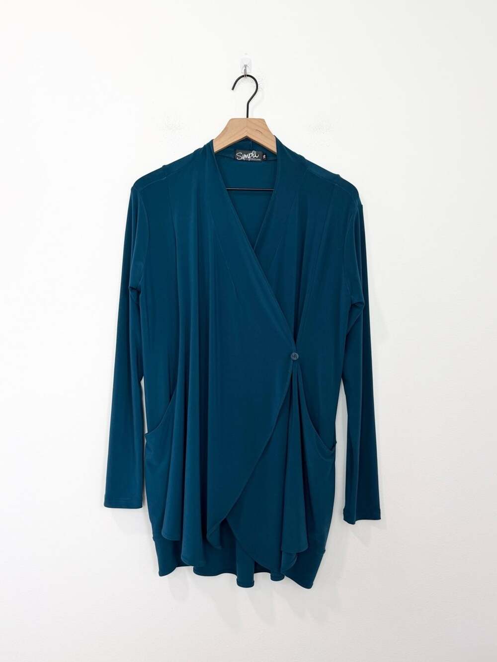 Sympli Wrap Tunic Top Size 10 Teal Blue Long Sleeve Draped Button Front Career